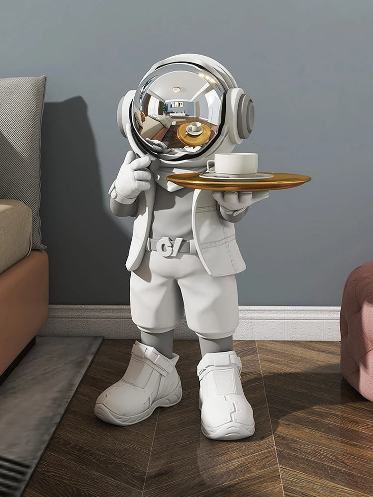 Luminous Astronaut Statue with Tray – Modern Resin Sculpture for Living Room & Floor Décor