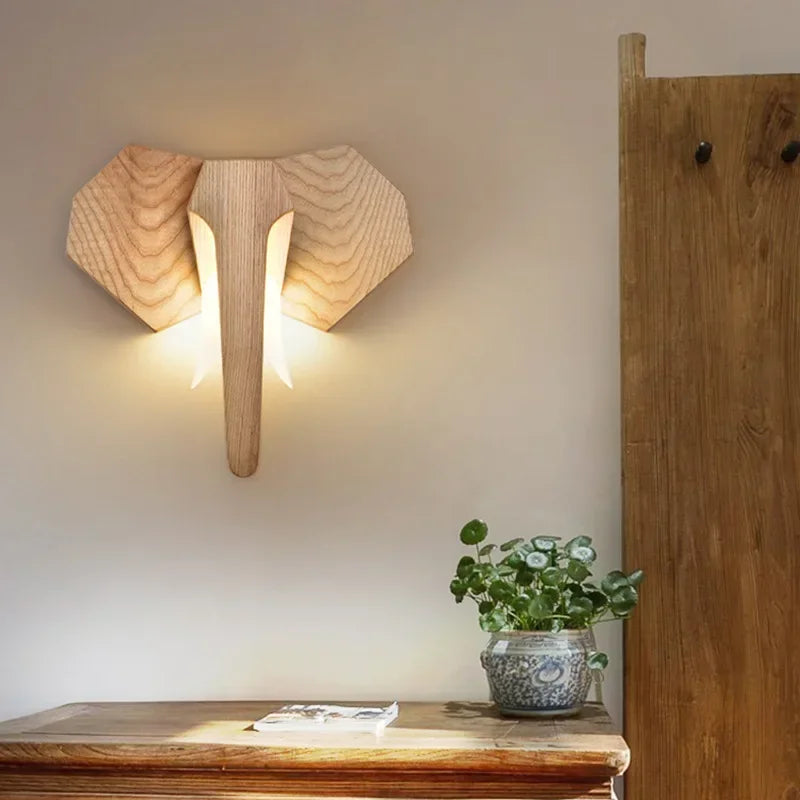 Unique Home Decor Wall Lamp – Nordic Wooden Bull & Elephant Animal Head Light Fixture
