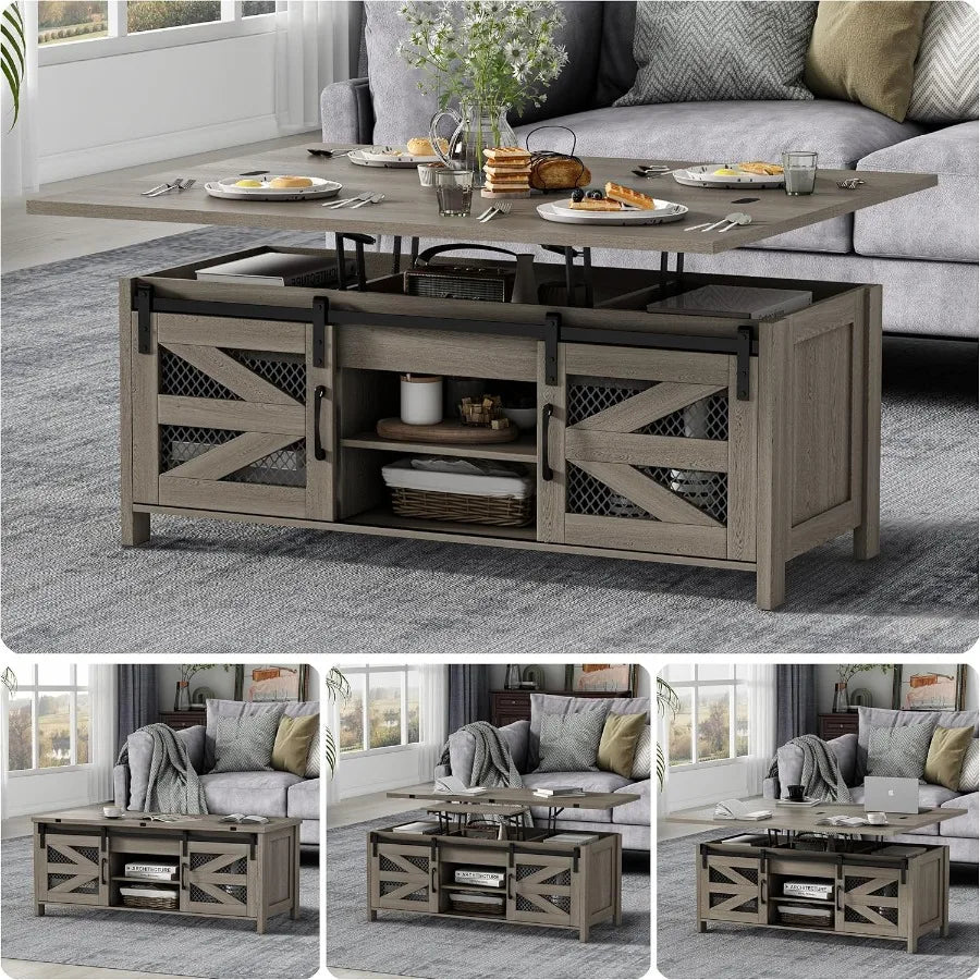 Lift Top Coffee Table with Hidden Storage, Sliding Barn Doors & Game-Changing Functionality for Living Room