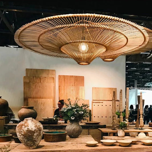 Bohemian Wicker Straw Hat Lamp for Living Room, Restaurant & Shop Decor