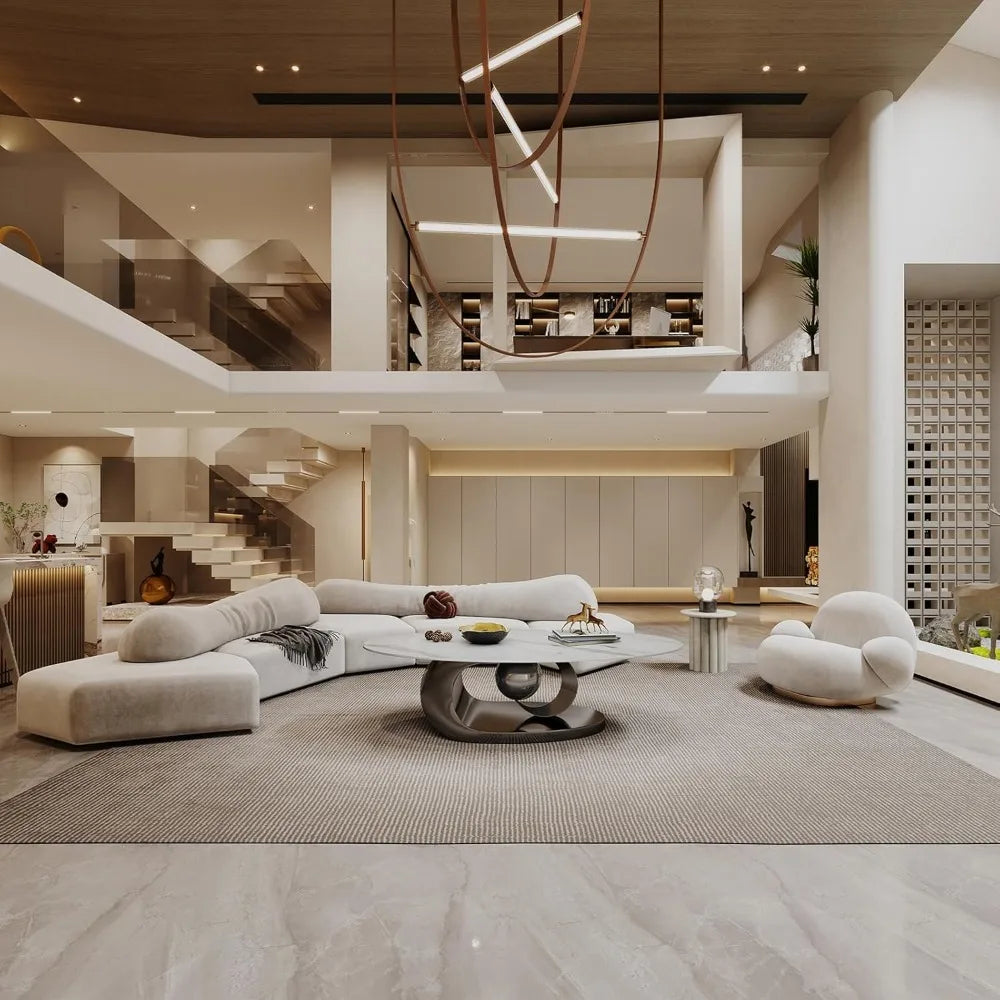 Modern Oval Stone Coffee Table Elegant Gray Metal Base Centerpiece for Luxury Living Rooms