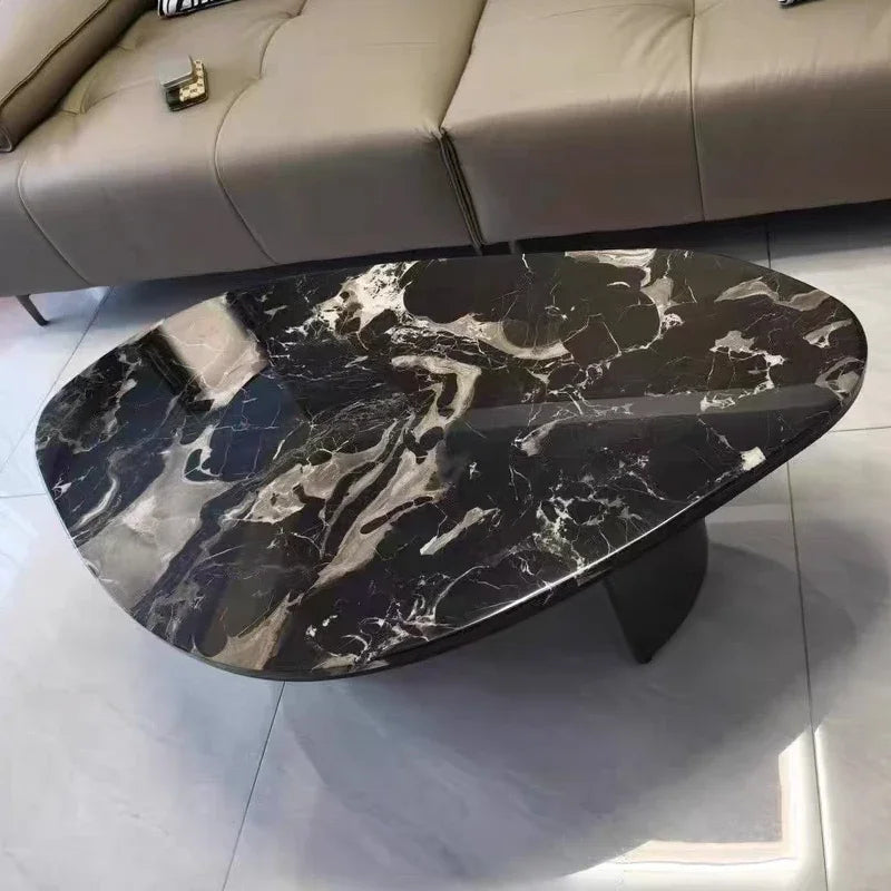 Round Natural Marble Coffee Table With Metal Base & Oval Center for Living Room