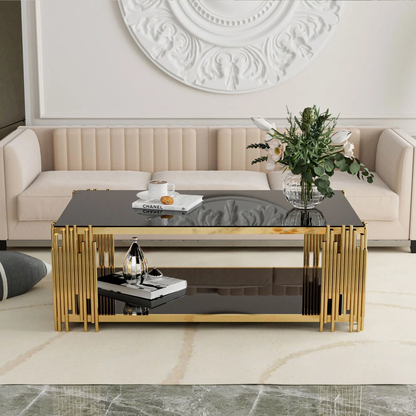 Stainless Steel Glass Coffee Table with Gold Accents