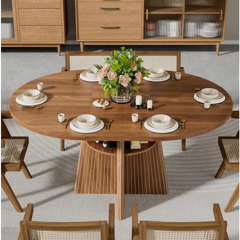 Modern Wooden Expandable Dining Table with Fluted Base Perfect for Family Gatherings & Dinner Parties