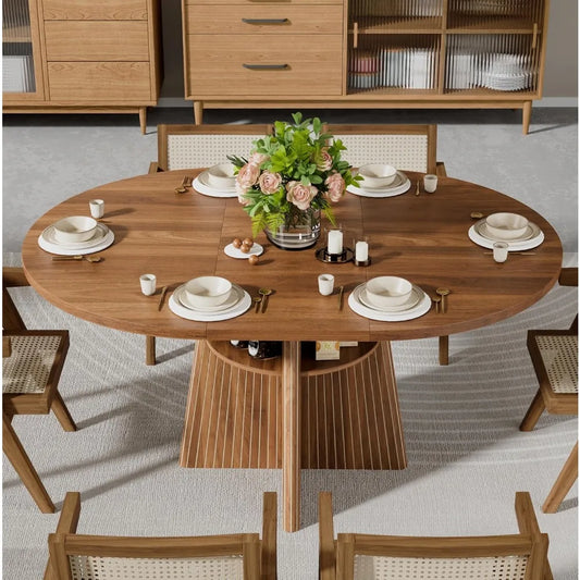 Modern Wooden Expandable Dining Table with Fluted Base Perfect for Family Gatherings & Dinner Parties