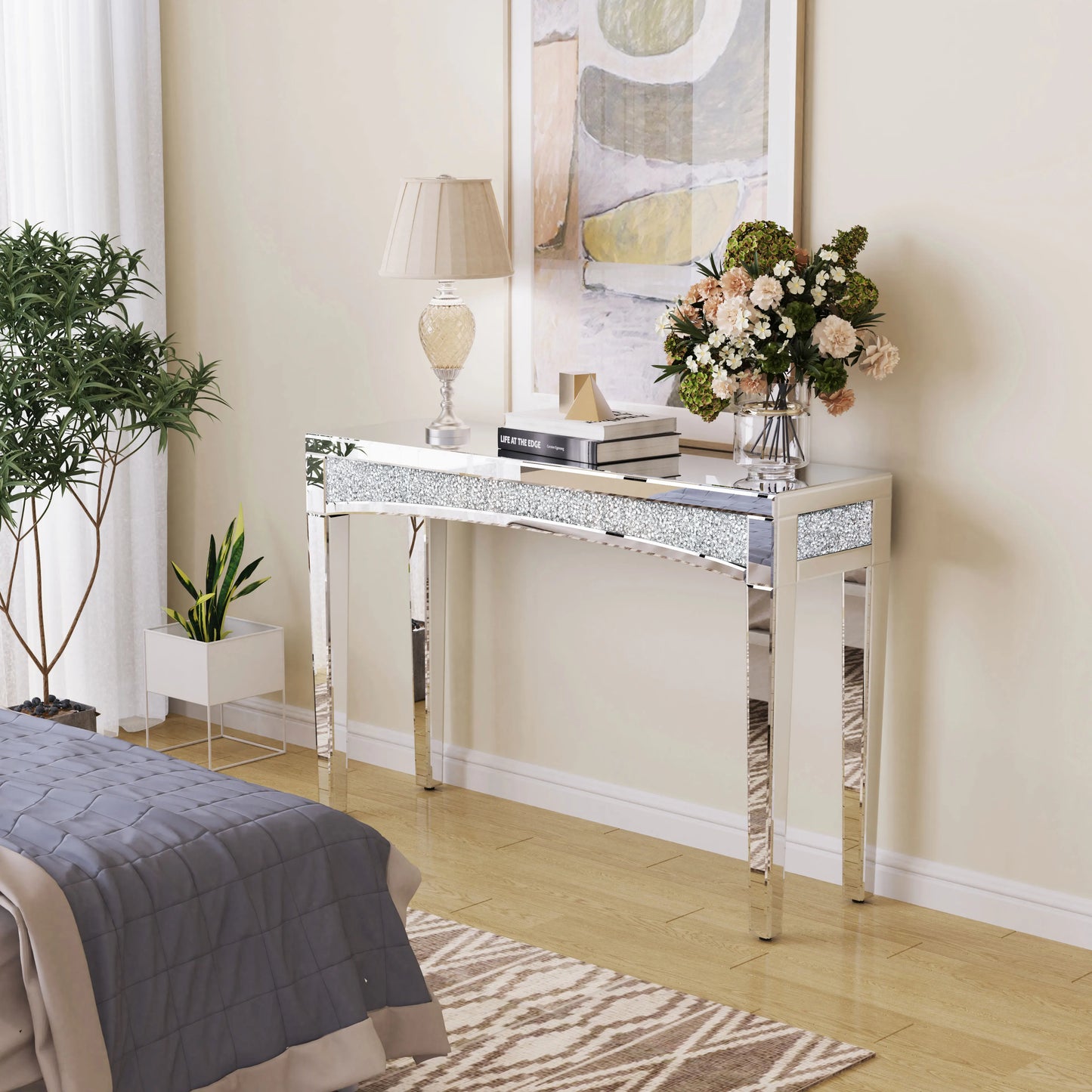 Silver Mirror Sofa Table with Sparkling Crystals