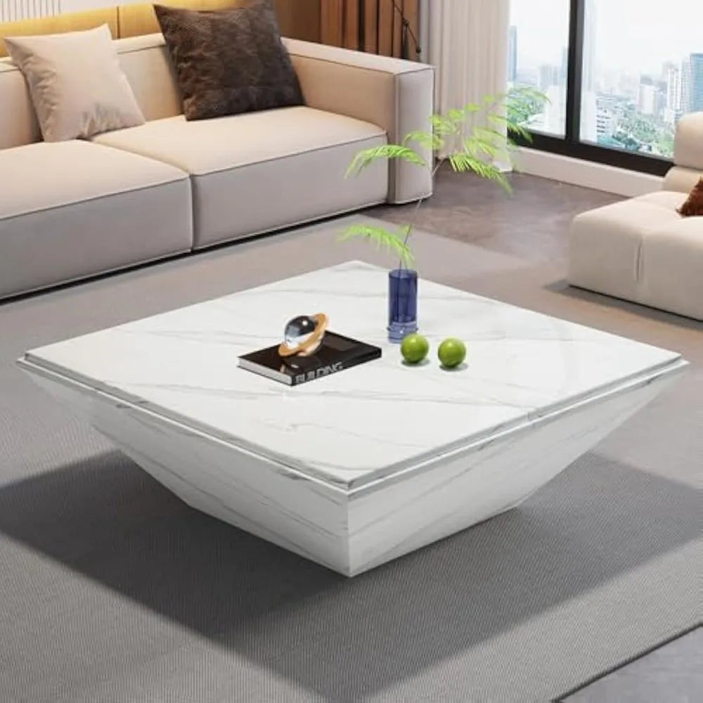 Modern Square Faux Marble Coffee Table with Wooden Design Perfect for Large Living Rooms
