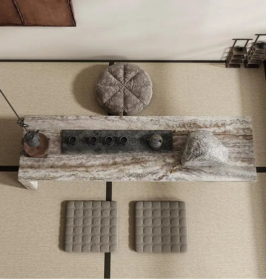 Wabi Sabi Zen Tea Table With Minimalist Marble Desk for Living Room, Office & Meditation Spaces