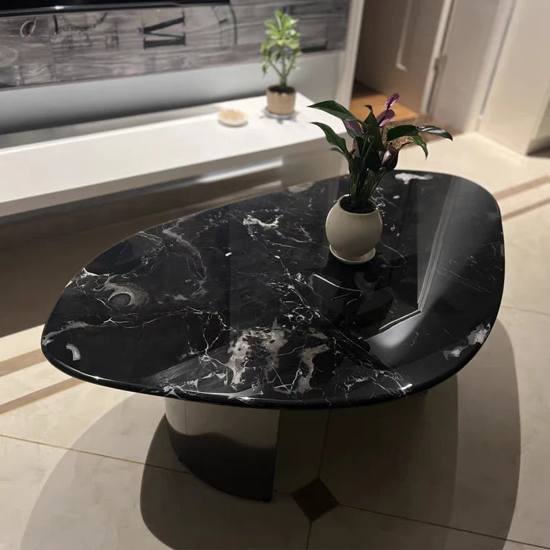 Round Natural Marble Coffee Table With Metal Base & Oval Center for Living Room