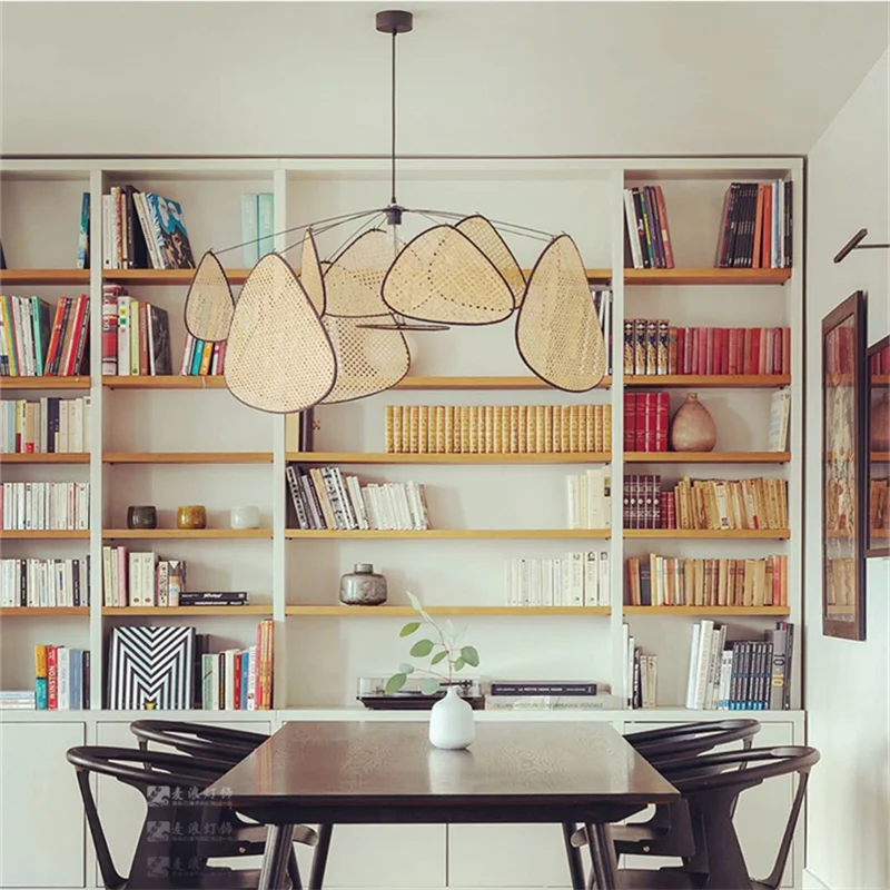 Unique Leaf Grid Design Wood & Bamboo Chandelier for Living & Dining Spaces