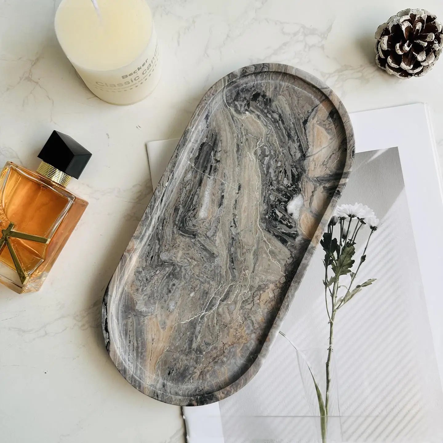 Luxury Marble Bathroom Tray Elegant Natural Stone Vanity & Cosmetic Organizer