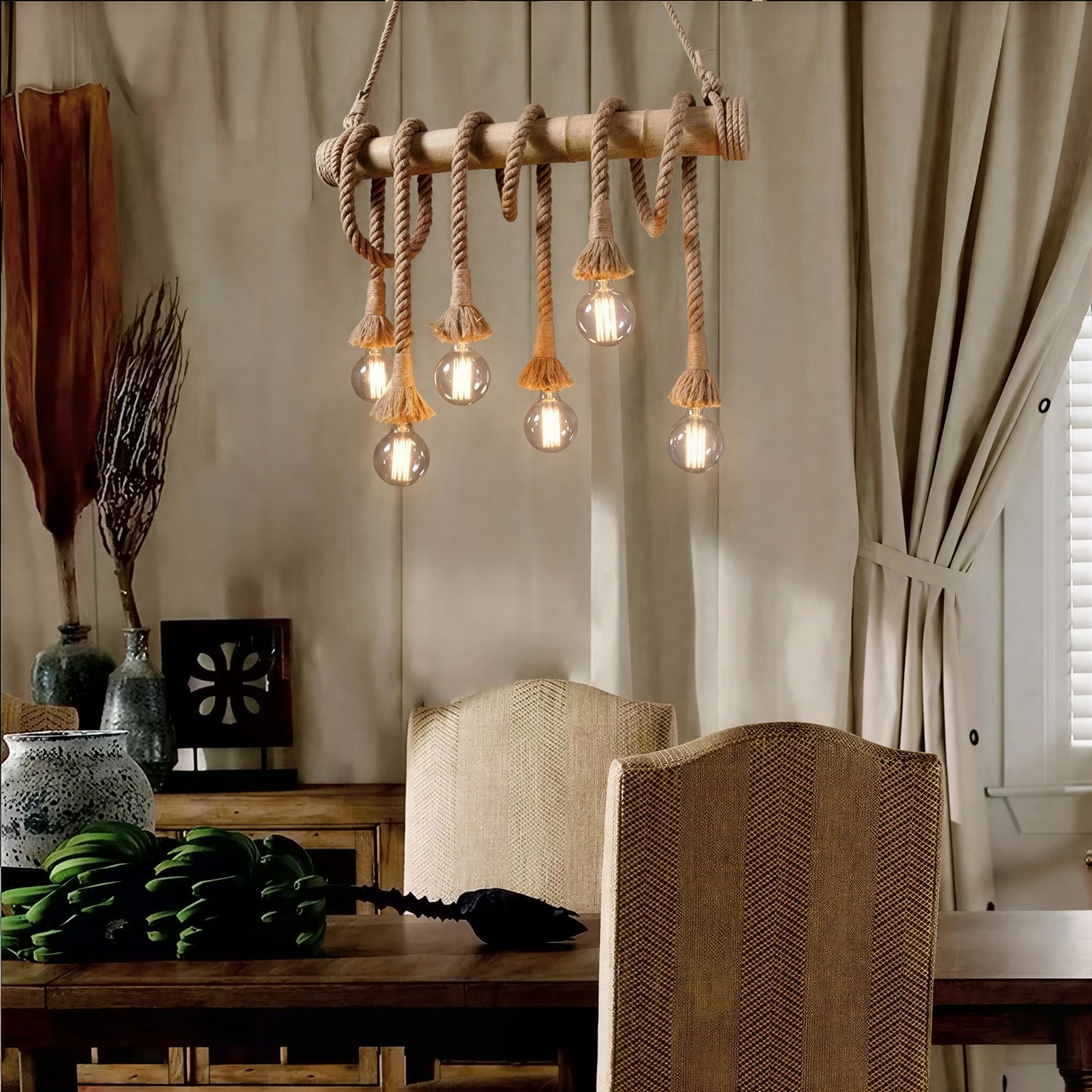 Rope Pendant Light RP0005 Vintage Bamboo Chandelier for Kitchens & Industrial Spaces
