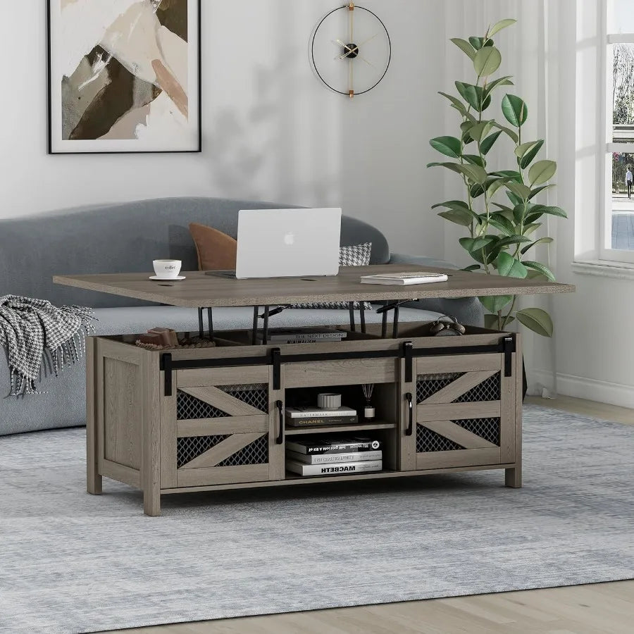 Lift Top Coffee Table with Hidden Storage, Sliding Barn Doors & Game-Changing Functionality for Living Room