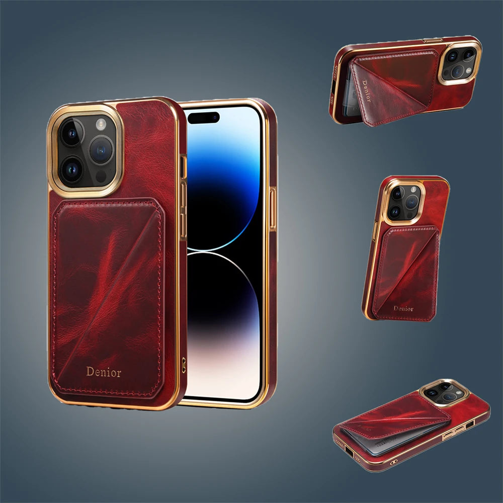 Timeless Vintage Genuine Oil Wax Leather Case: Luxe Card Holder & Stand for iPhone 15 Pro Max, 14, 13, 12 Plus & 15 Pro – Soft Shockproof Elegance!
