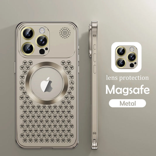 Metal Heat Dissipation Phone Case for iPhone 13/12/14/15 Pro Max Plus, with Magnetic Aluminum Cover & Magsafe