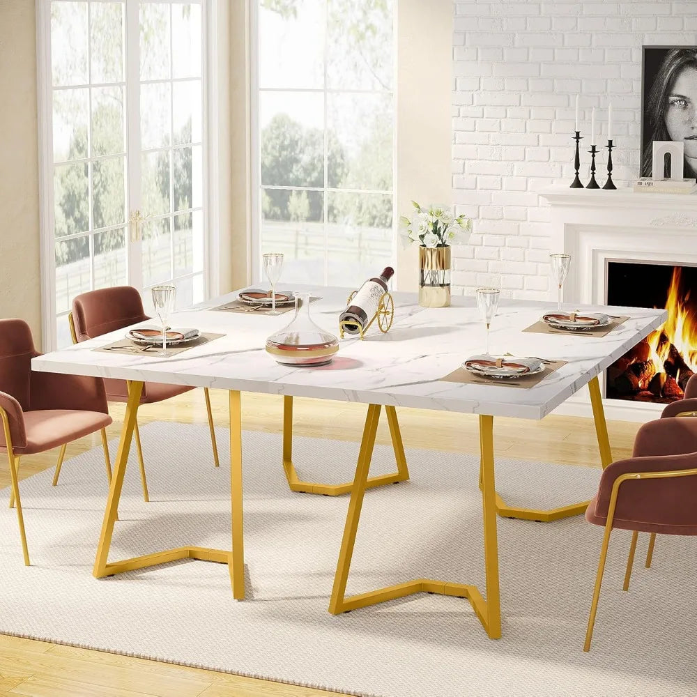 Luxury Gold Dining Table – 55” Modern White Faux Marble Kitchen Table for 6