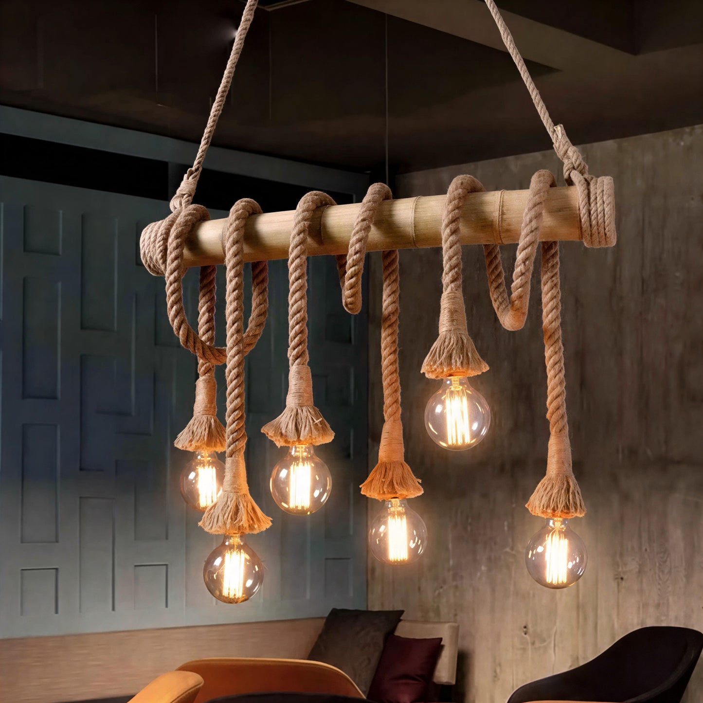 Rope Pendant Light RP0005 Vintage Bamboo Chandelier for Kitchens & Industrial Spaces
