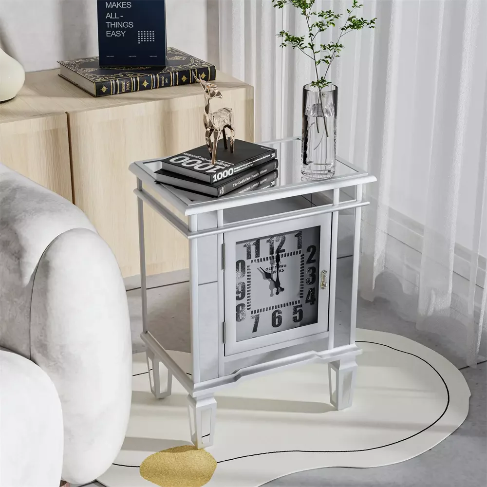 LUVODI  Modern Mirrored End Table Sofa Side Accent Table with Clock Display n 1 Door Cabinet  for Bedroom,Living Room,Study