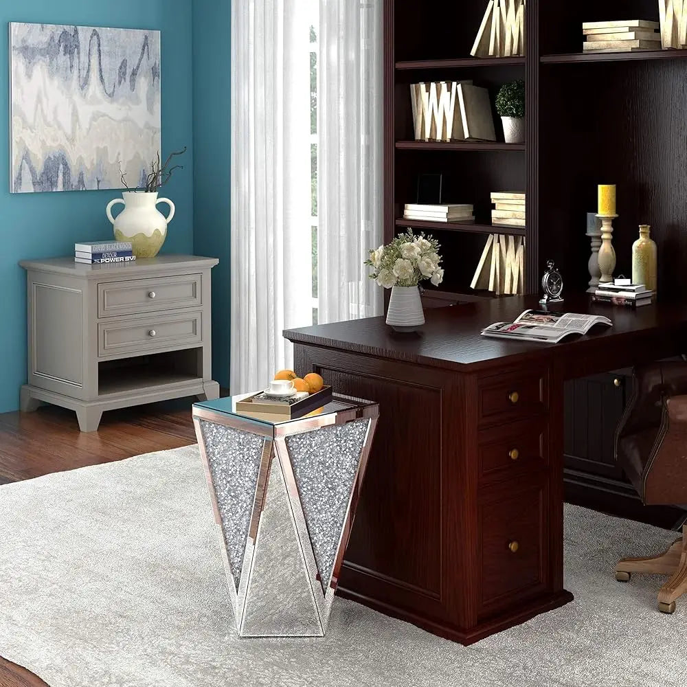 Crystal Diamond Mirrored Coffee Table – Silver Glass Side Table for Hallway & Home Decor