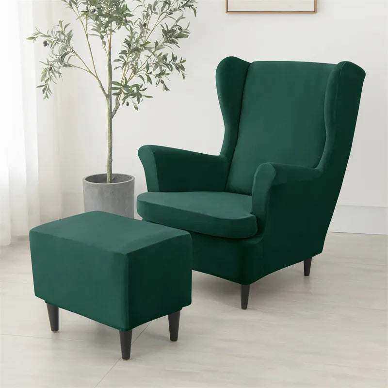 Stretchable Velvet Wingback Armchair Cover with Seat Cushion Cover