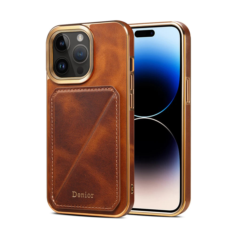 Timeless Vintage Genuine Oil Wax Leather Case: Luxe Card Holder & Stand for iPhone 15 Pro Max, 14, 13, 12 Plus & 15 Pro – Soft Shockproof Elegance!