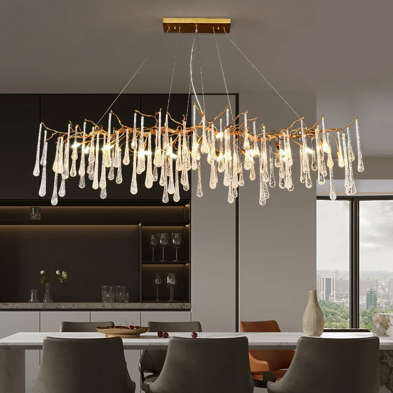 Luxurious Copper Crystal Chandelier Long Tree Branch Pendant Lamp for Dining & Living Rooms