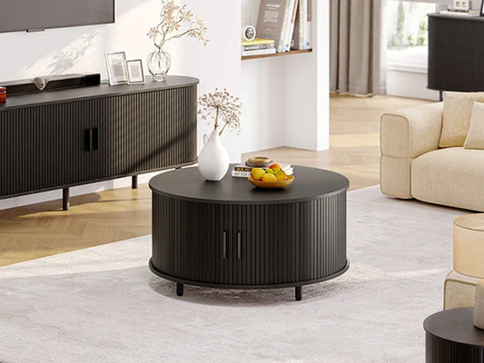 Round Coffee Table With 360° Curved Sliding Door For Modern Living Rooms