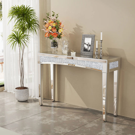 Silver Mirror Sofa Table with Sparkling Crystals