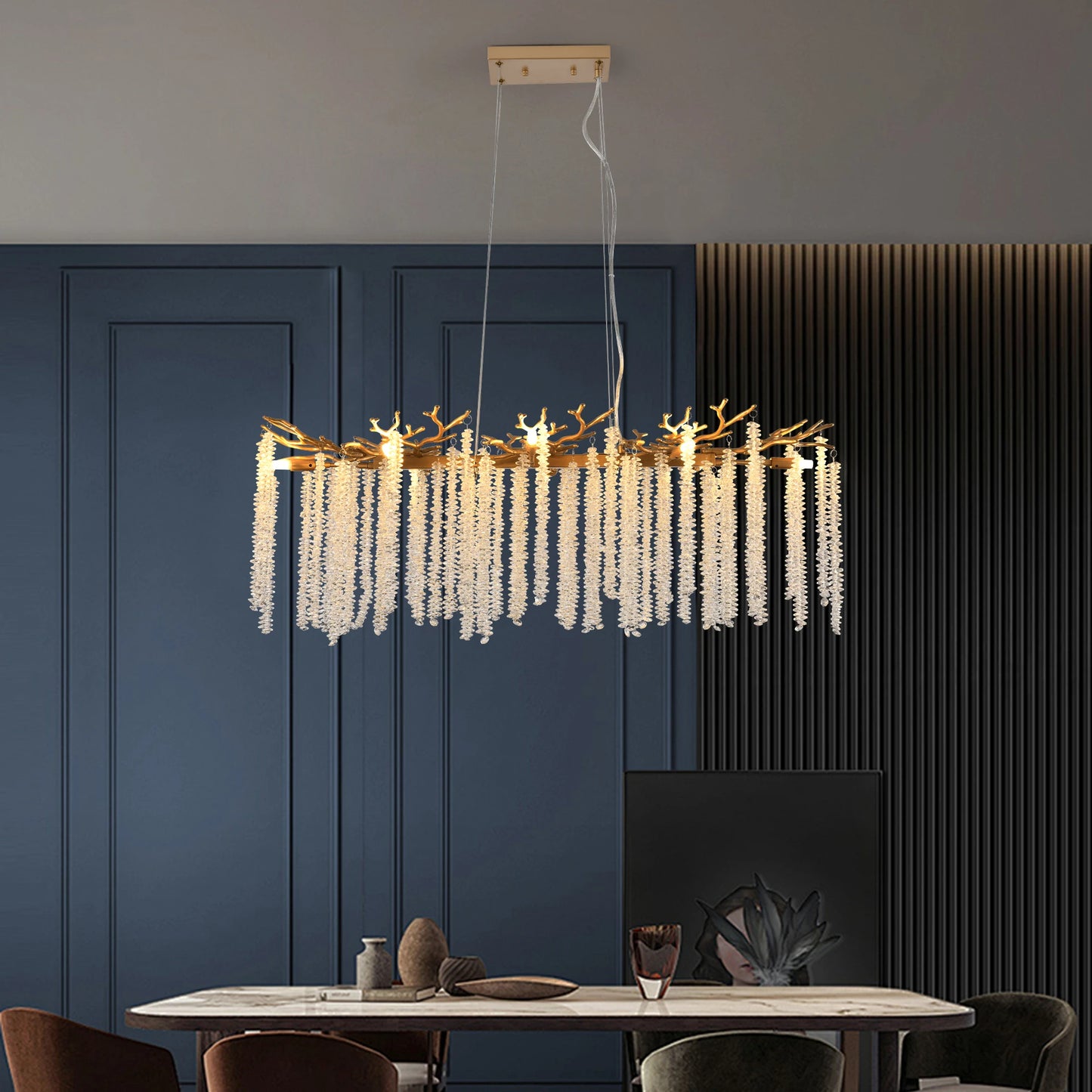 Elegant Crystal String Chandelier – Golden Pendant Lamp for Living Room & Foyer