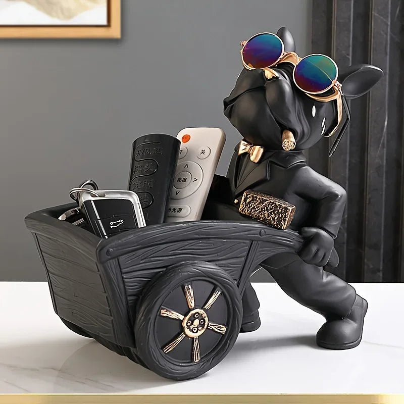 French Bulldog Resin Figurine with Wheelbarrow – Decorative Dog Sculpture for Home & Table