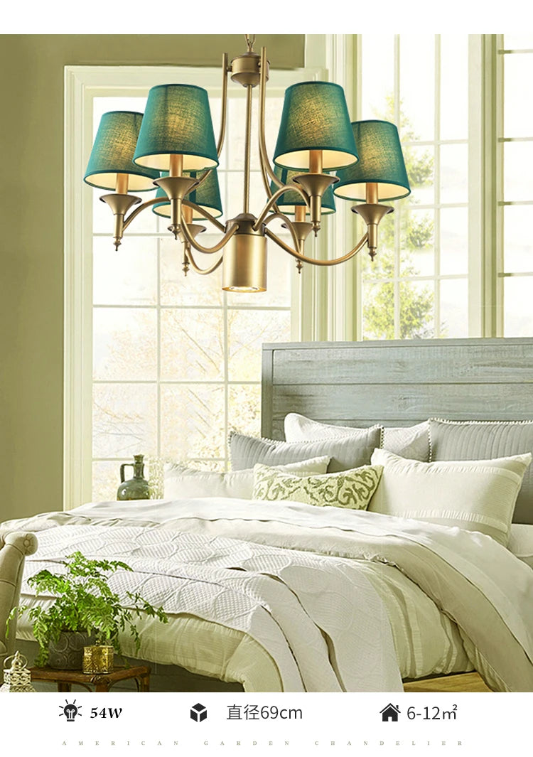 Vintage Iron Chandelier with Soft Cloth Lampshades