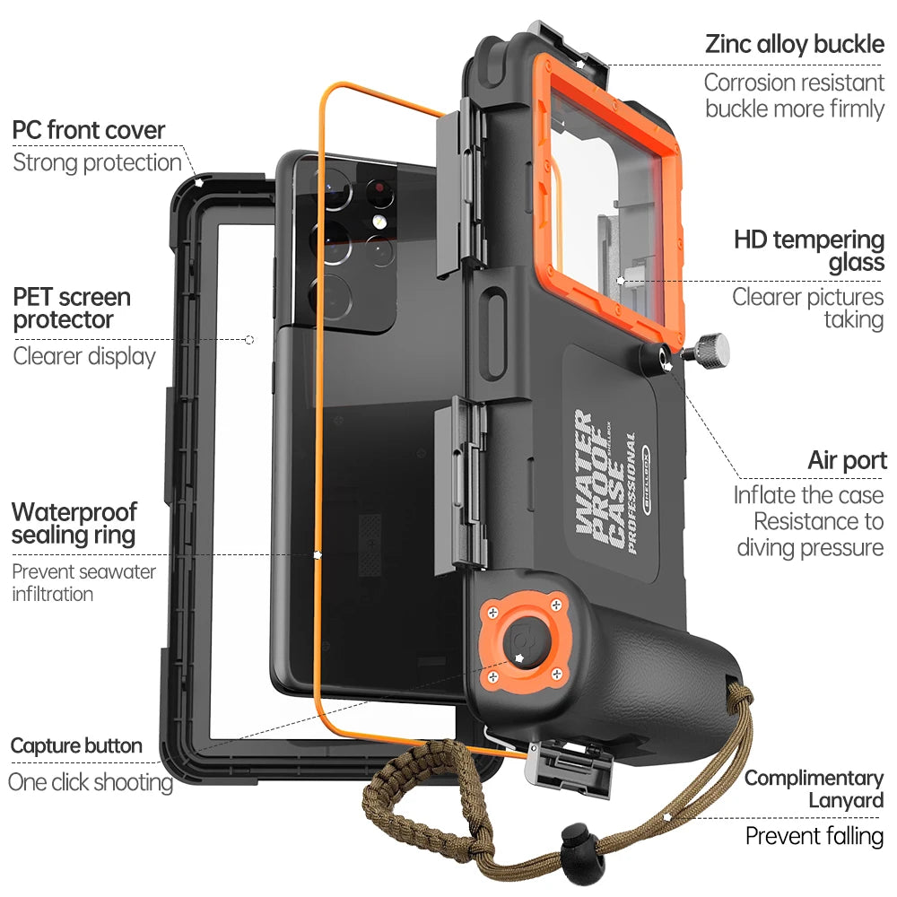 Dive Deep with Confidence: 15M Waterproof Professional Diving Phone Case for iPhone & Samsung S24/S23 Ultra!