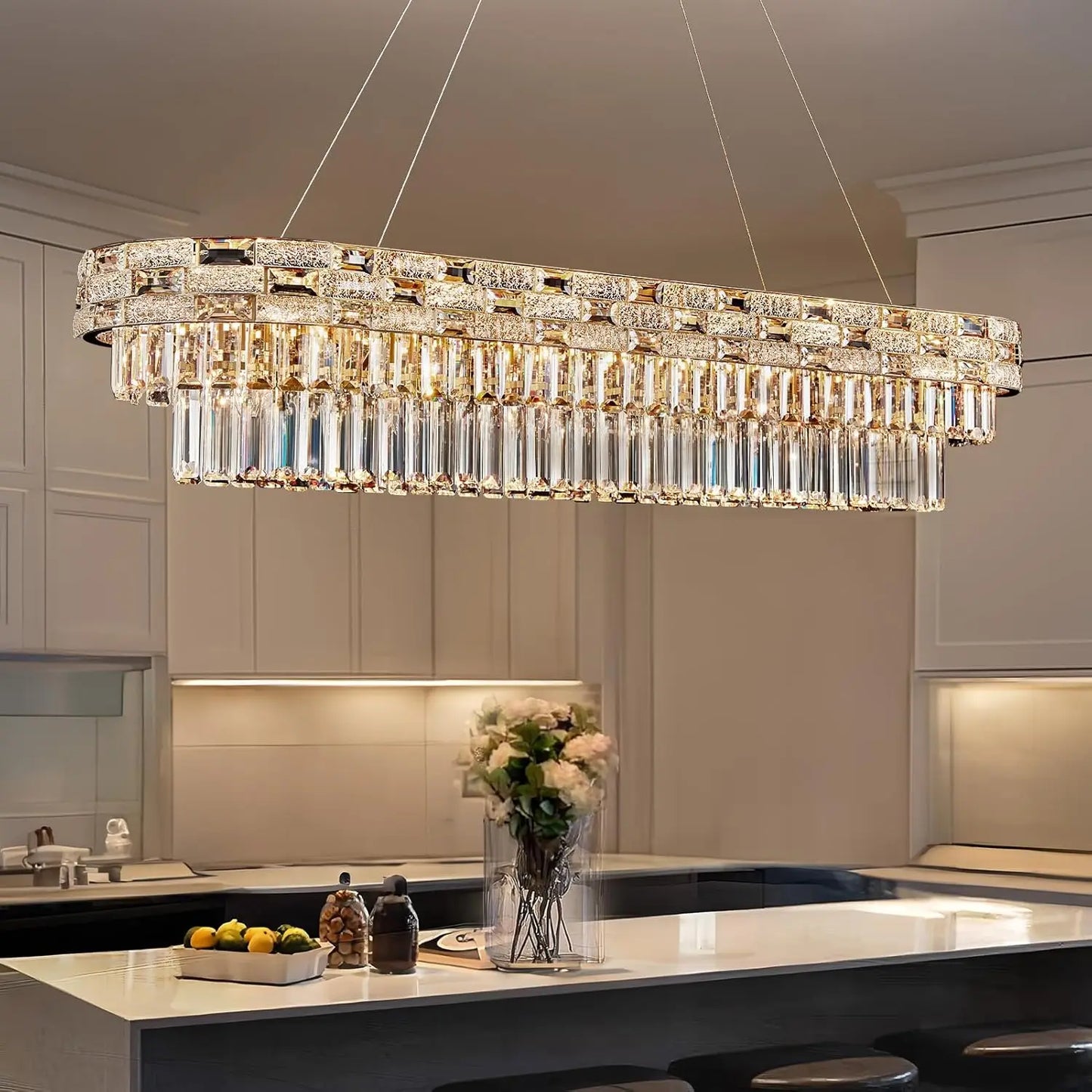 Modern Gold Crystal Chandelier Large LED Pendant Light Perfect for Dining Rooms & Living Spaces