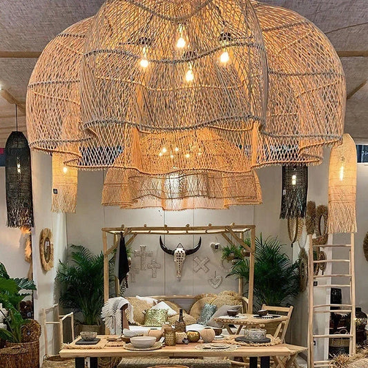 Luxury Rattan Chandelier – Japanese Retro Style Pendant Lighting for Living Rooms