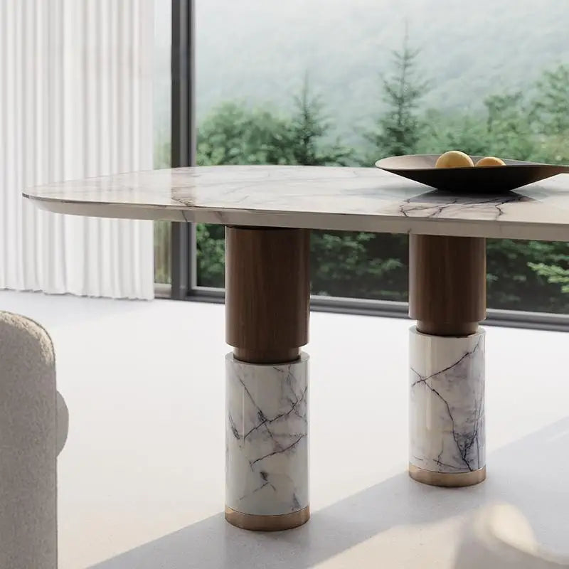 Snow Blossom Marble Dining Table With Dramatic Veins & Walnut Base