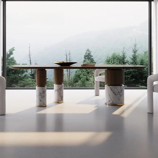 Snow Blossom Marble Dining Table With Dramatic Veins & Walnut Base