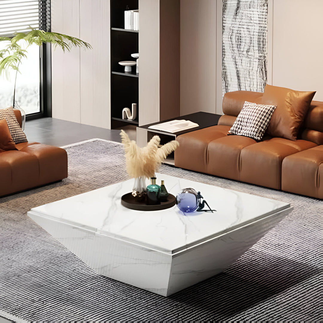 Modern Square Faux Marble Coffee Table with Wooden Design Perfect for Large Living Rooms