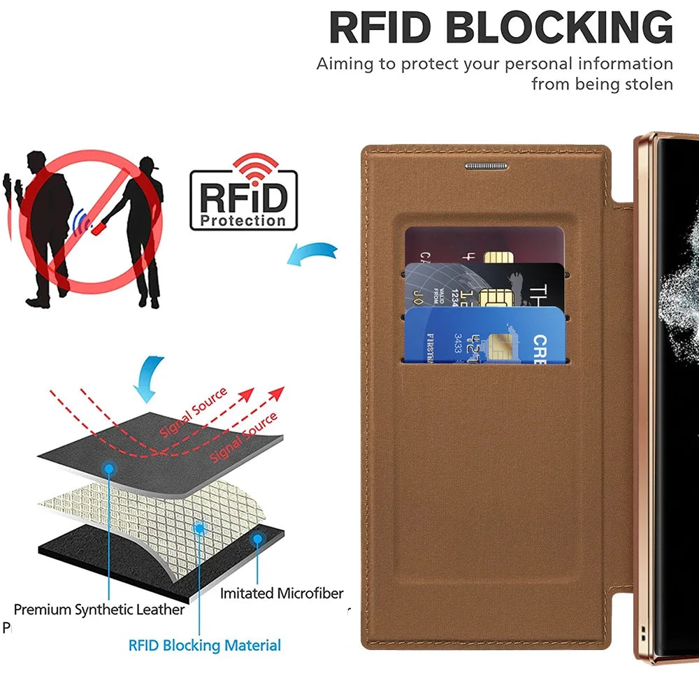 Ultimate Protection: Magnetic Leather Card Holder Shell for Samsung Galaxy S23 FE, S24, S22 Ultra Plus – Wireless Charging & Shockproof Design!