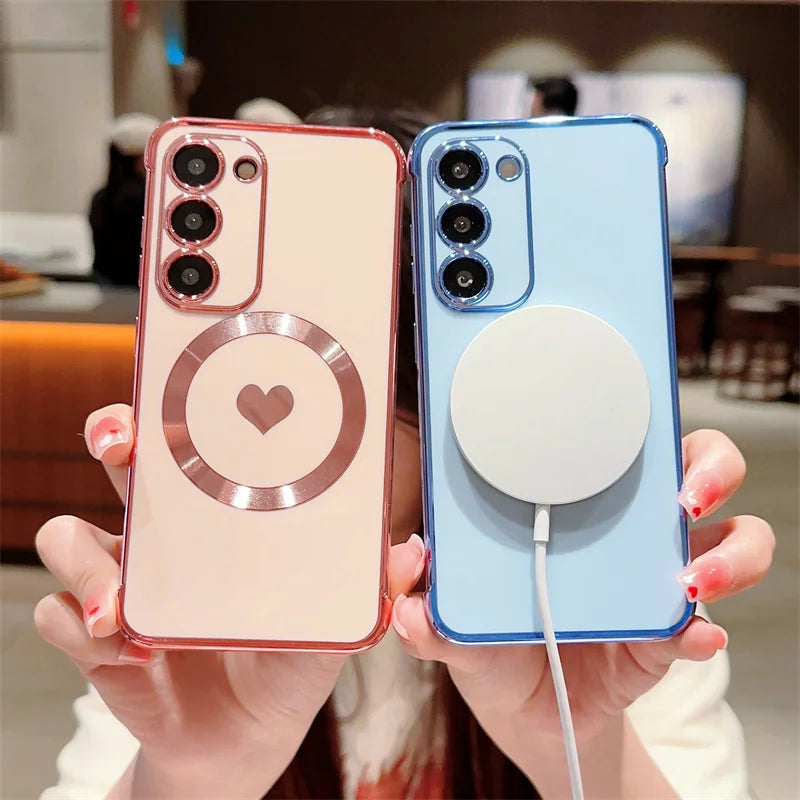 Love Heart Plating Magnetic Phone Case for Samsung Galaxy S24, S23, S22, S21 Ultra & Plus – Shockproof MagSafe Back Cover!