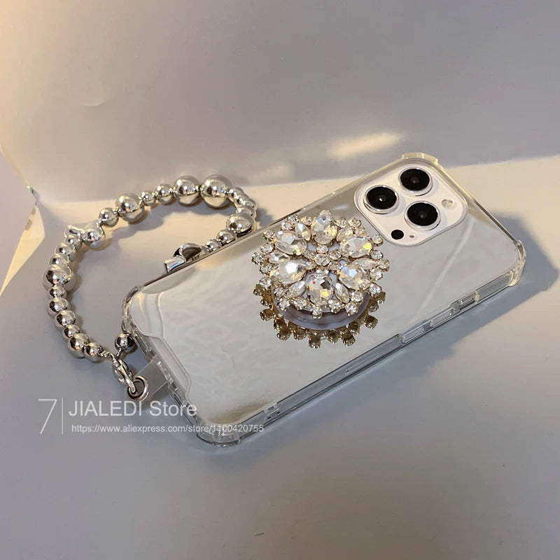 Sparkle and Shine: Shockproof Rhinestone Holder Mirror Case for iPhone 17 Pro Max/16/15/14 Pro