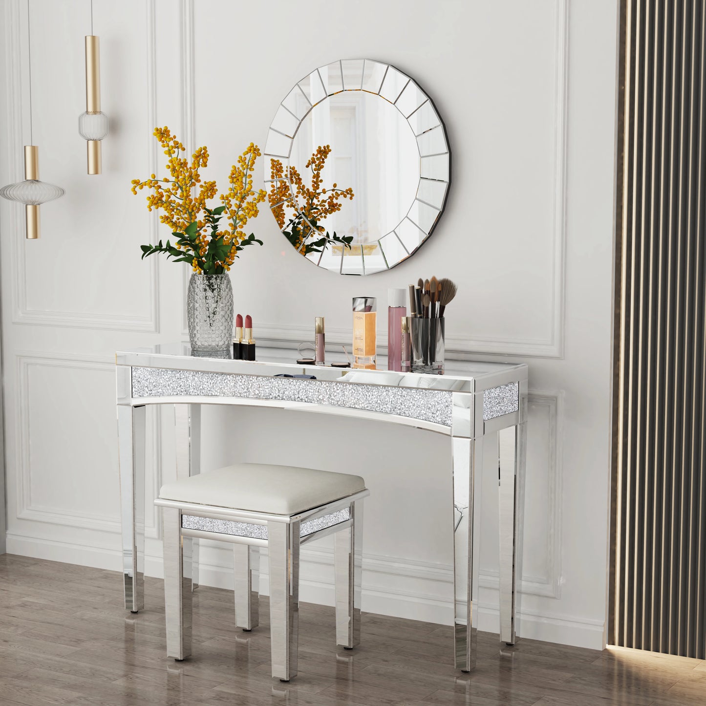 Silver Mirror Sofa Table with Sparkling Crystals