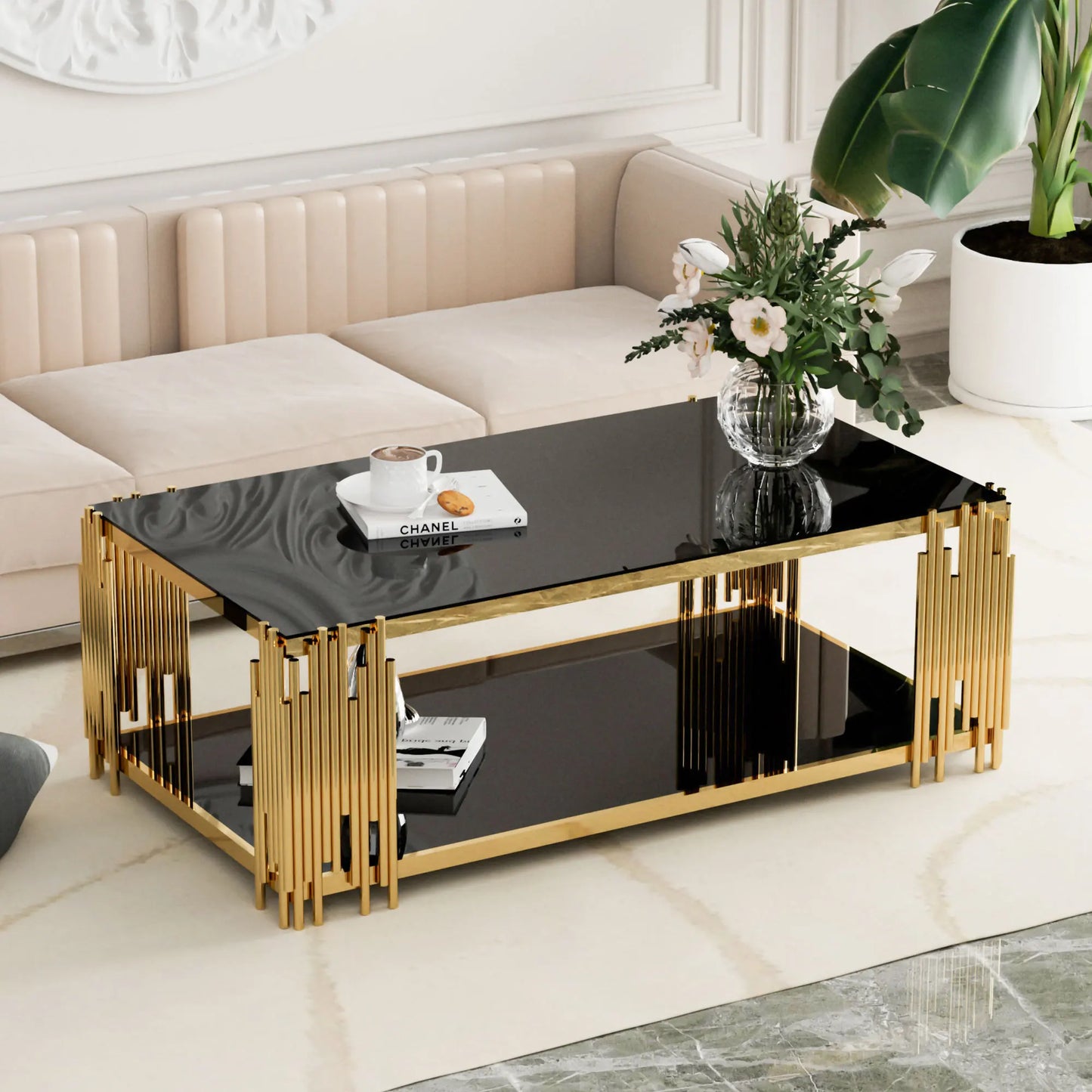 Stainless Steel Glass Coffee Table with Gold Accents