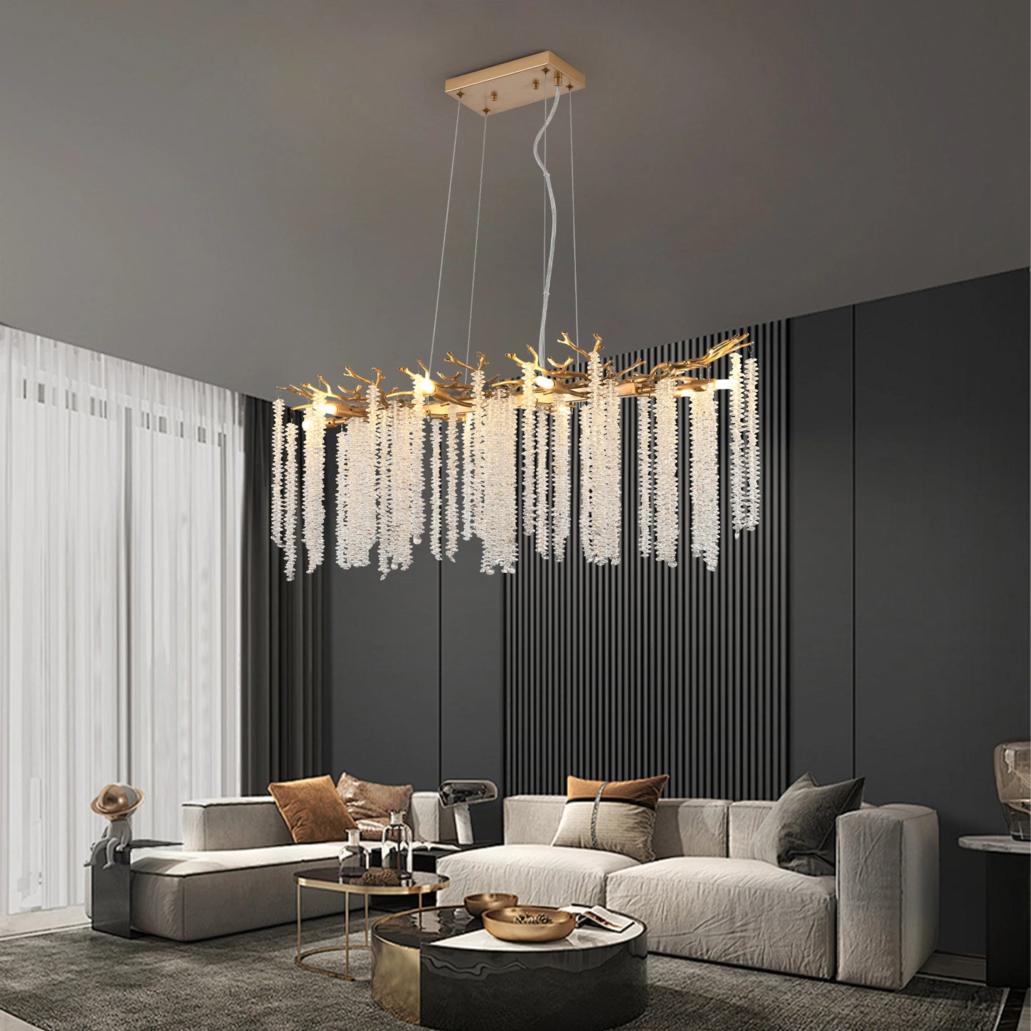 Elegant Crystal String Chandelier – Golden Pendant Lamp for Living Room & Foyer