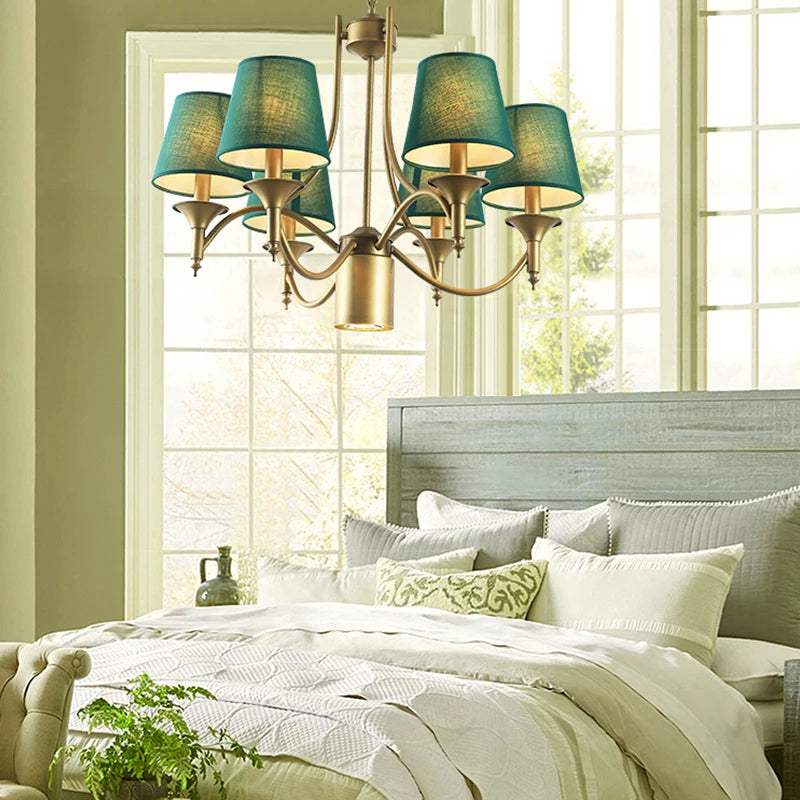 Vintage Iron Chandelier with Soft Cloth Lampshades