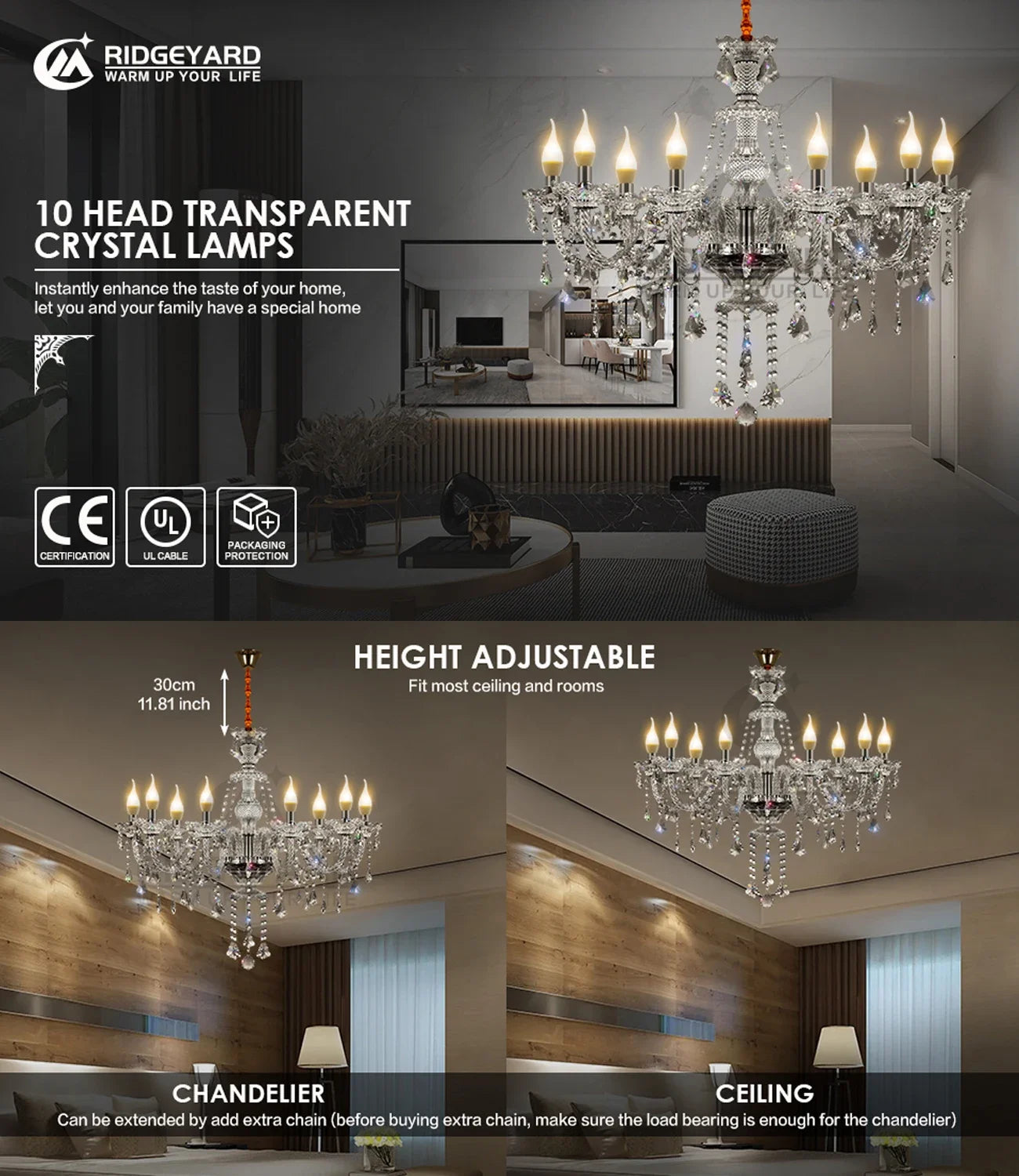 Ridgeyard 4-18 Arms K9 Crystal Chandelier – Luxury Modern & Boutique Style for Hallways, Living Rooms, Dining Rooms, & Bedrooms