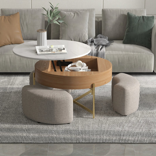Modern Round Slate Coffee Table with Storage 3 Nesting Stools for Living Room
