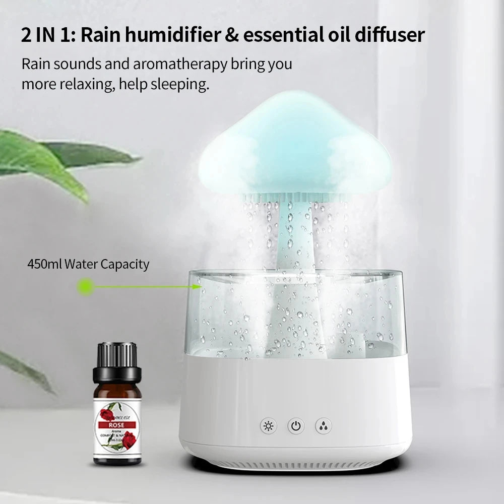 Enchanting Mushroom Rain Humidifier & Aroma Diffuser – Electric Cloud Sound Machine with Colorful Night Lights!