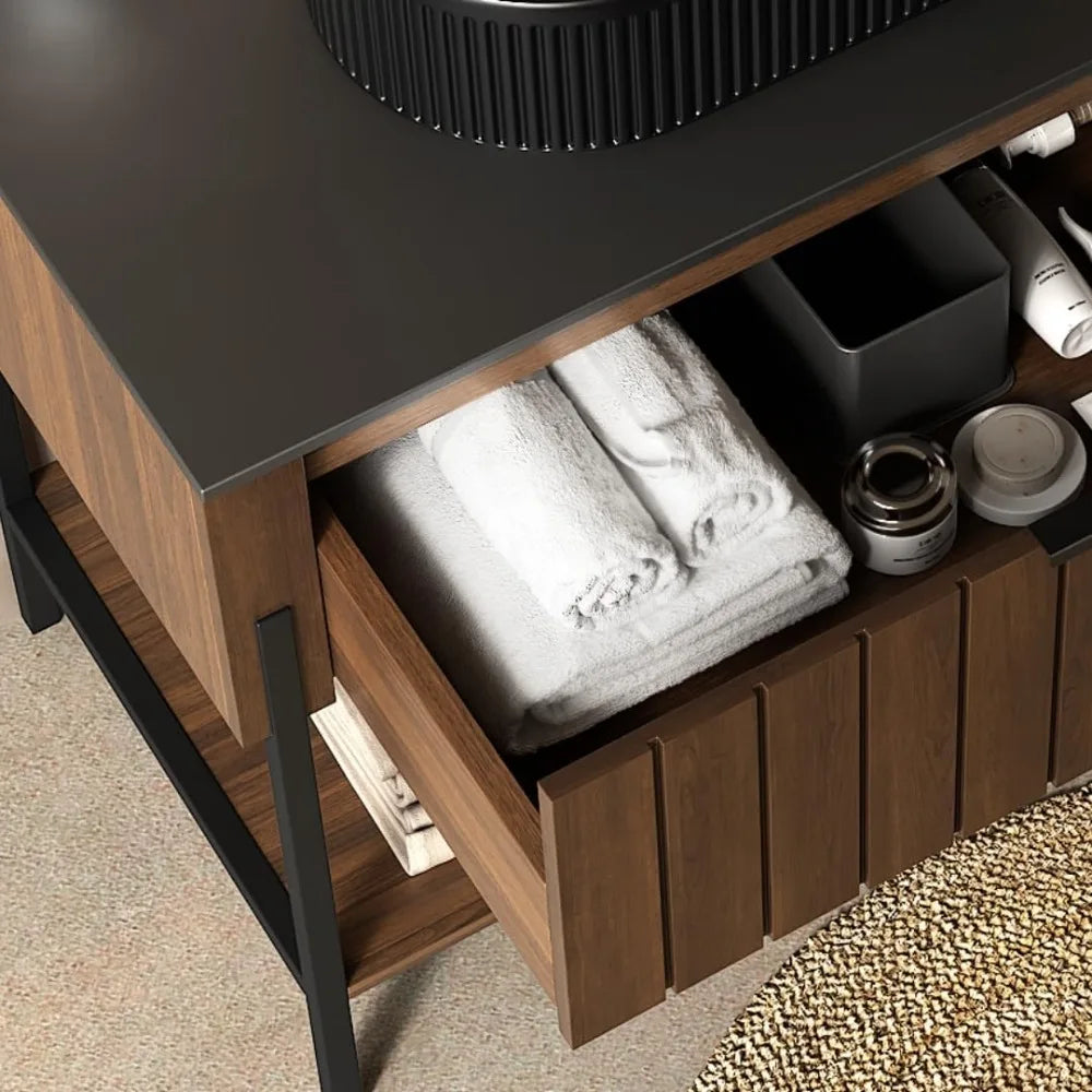 Luxury Bathroom Vanity with Black Ceramic Sink Modern Striped Design & Smart Storage