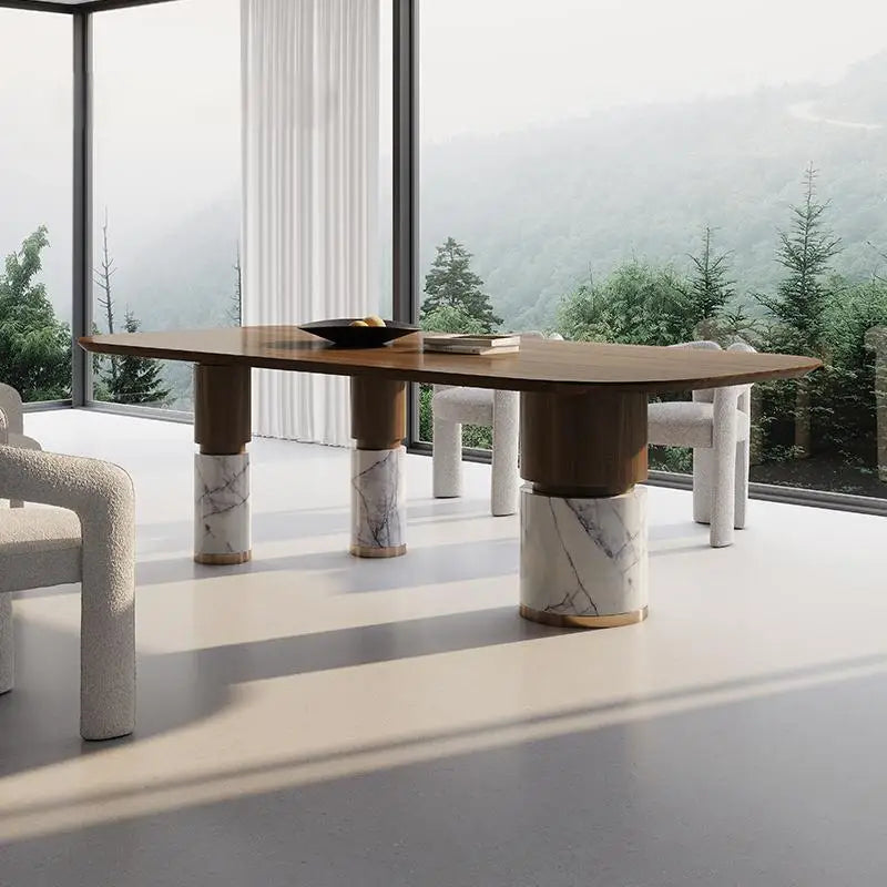 Snow Blossom Marble Dining Table With Dramatic Veins & Walnut Base