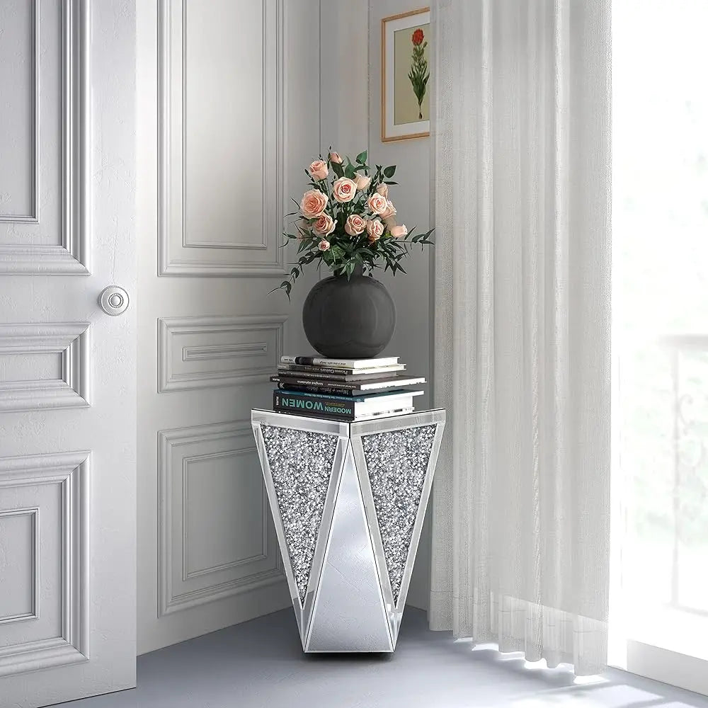 Crystal Diamond Mirrored Coffee Table – Silver Glass Side Table for Hallway & Home Decor